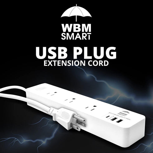 WBM Smart USB Plug Extension Cord, 3 AC & 3 USB Sockets