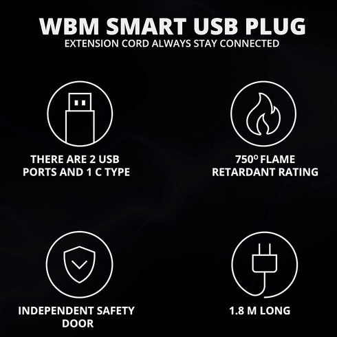 WBM Smart USB Plug Extension Cord, 3 AC & 3 USB Sockets