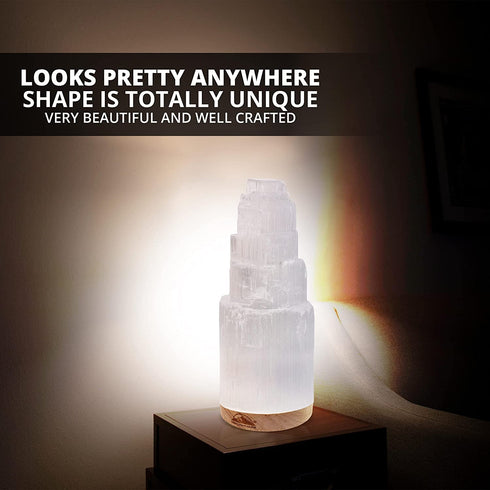 Himalayan Glow Selenite Crystal Lamp 20cm, Tower Lamp with Wooden Base & USB Charging Cable