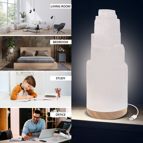 Himalayan Glow Selenite Crystal Lamp 20cm, Tower Lamp with Wooden Base & USB Charging Cable